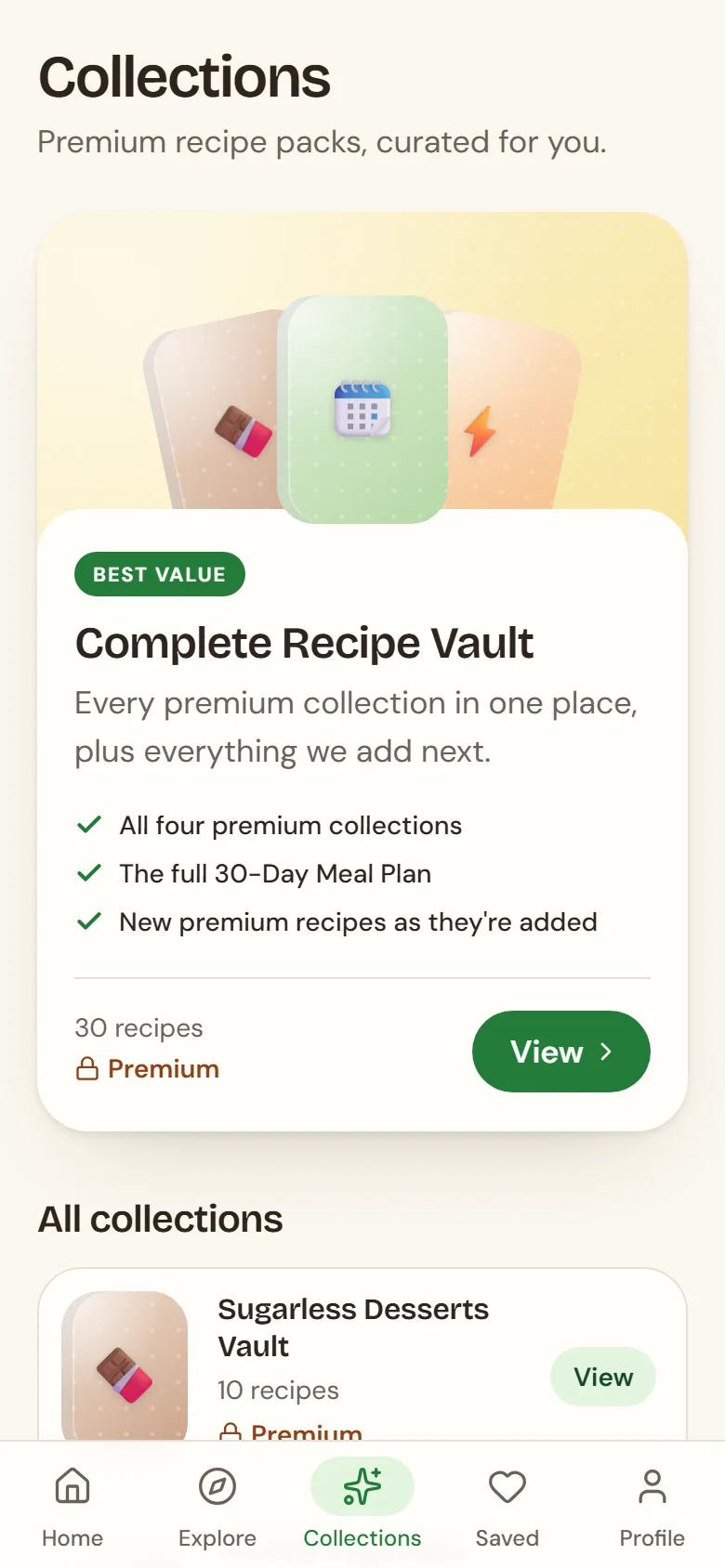 Sugarless Collections screen with the Complete Recipe Vault