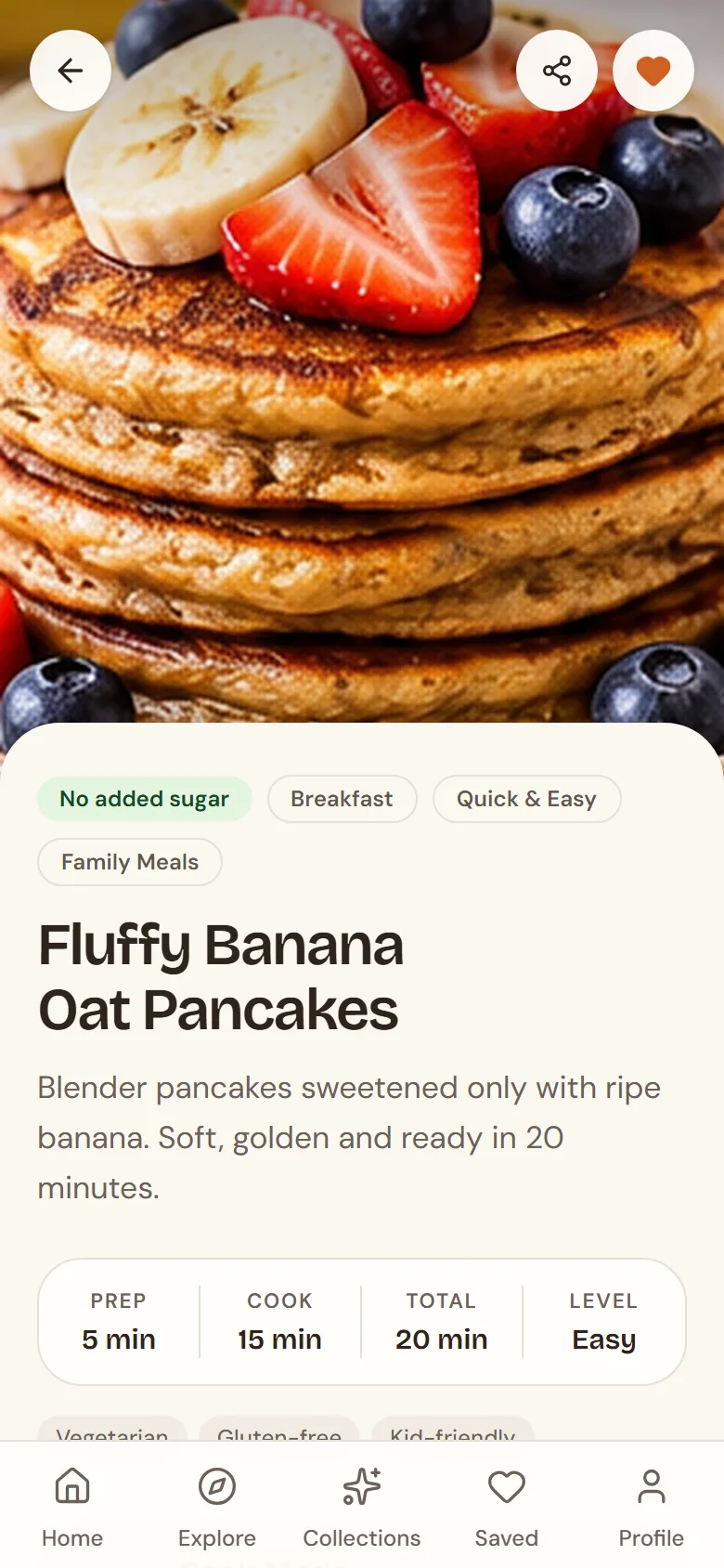 Sugarless recipe screen for Fluffy Banana Oat Pancakes