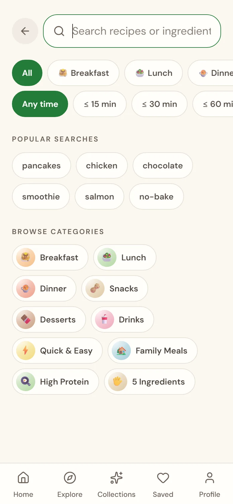 Sugarless search with meal and time filters and popular searches